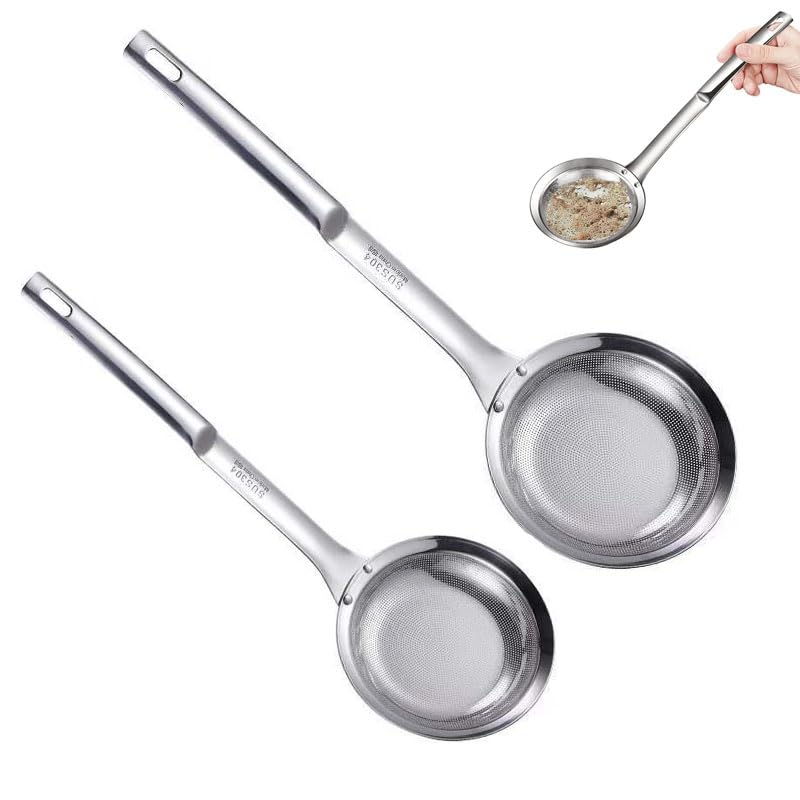 Colador de malla fina, cuchara de acero inoxidable 304 con asa, para aceite de cocina, espumador, cuchara de espuma de grasa (paquete de 2, L + S)