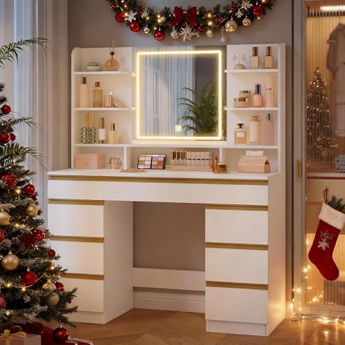Hzuaneri 9 Drawers Vanity Desk with LED Light, Dressing Table with Large HD Mirror, 9 Open Storage Spaces Makeup Vanity for Bedroom, 3 Colors LED Strip, White Gold DT41903XCA by Hzuaneri - Image 9
