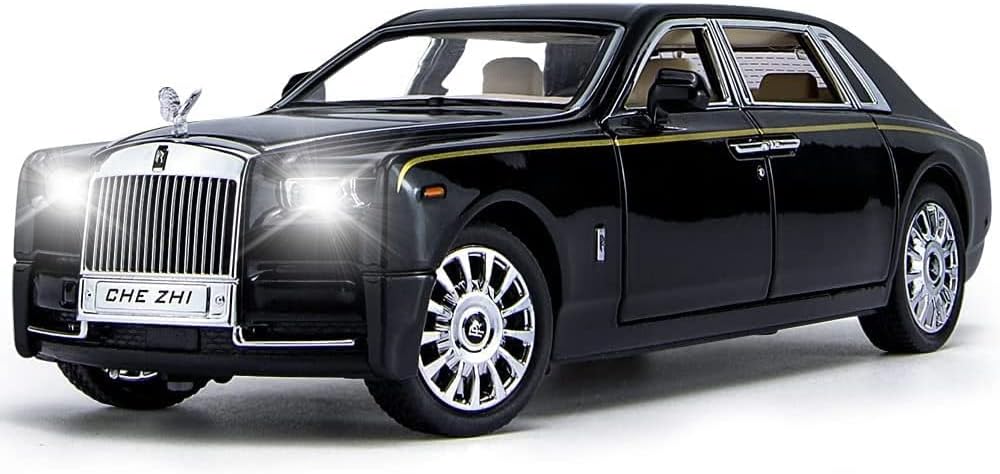 EROCK Upgrade Version -Exquisite car Model 1/24 Rolls-Royce Phantom Model Car,Zinc Alloy Pull Back Toy car with Sound and Light for Kids Boy Girl Gift. (Black-Black)
