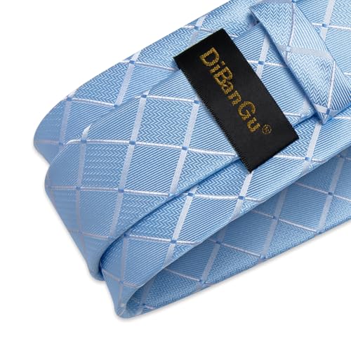 Image of DiBanGu Mens Silk Plaid Tie and Pocket Square Set | Elegant Silk Formal Tie Set, Woven Check Necktie and Cufflinks Tie Clip Set, Perfect for Wedding Party, Comes in Gift Box