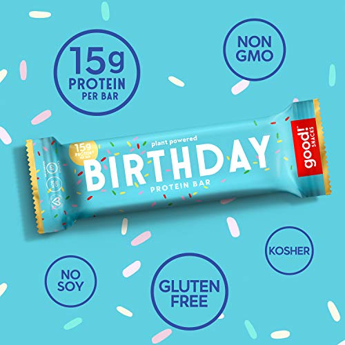 good! Snacks Vegan Protein Bars, Birthday Cake Bar, Gluten Free, Plant Based, Low Sugar, High Protein Meal Replacement Bar, Guilt-Free & Nutritious Healthy Snacks for Energy, 15g Protein, Kosher, Soy Free, Non Dairy, Non GMO, Vegetarian (12 Bars)