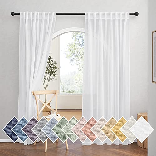 NICETOWN White Sheer Linen Curtains 84" Long 2 Panels, Rod Pocket & Back Tab Top Privacy with Light Filtering Semi Sheer Window Treatments Vertical Dr