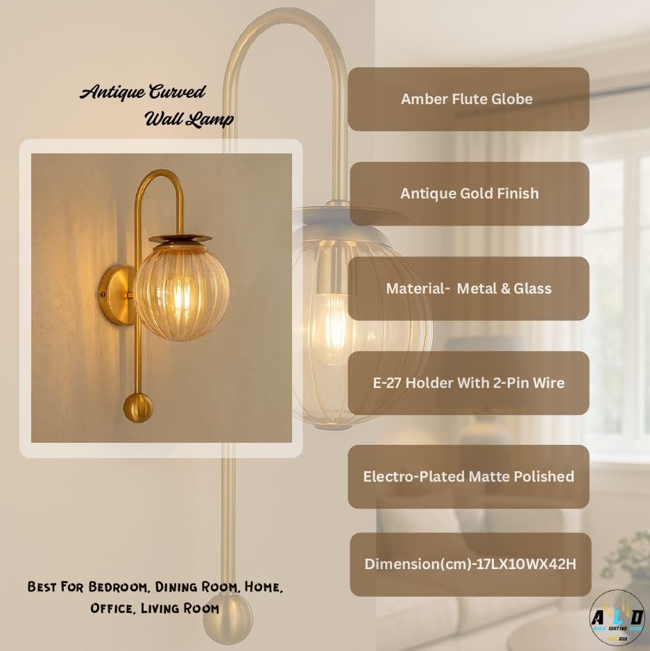 Image of Antique Curved Style Wall Lamp | Wall Lamp Sconce with Metal Frame | Decorative Lighting Fixture for Living Room, Bedroom, Hallway