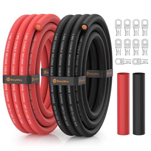 WotyWire 6 Gauge Battery Cable 6 AWG Flexible EPDM Oxygen-Free Copper Welding Cable with 3/8 and 5/16 Lugs for Battery Inverter Solar Generator Marine RV (10 FT Red + 10 FT Black)