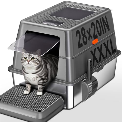 XXXL Stainless Steel Litter Box with Lid 28 L*20 W*18 H Extra Large Metal Cat Litter Boxs Jumbo Enclosed Litter Box for Big Cats and Multi-Cat Households Non-Sticky Anti-Leakage Easy to Clean