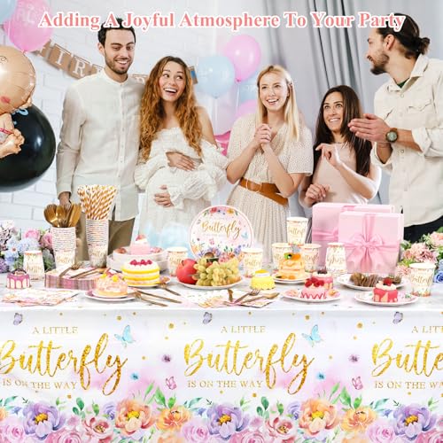 Image of Funnymoom 452 Pcs Floral Butterfly Baby Shower Decorations, a Little Butterfly Is on the Way Paper Plates Napkins Cups Tablecloth Cutlery Straws for Summer Floral Baby Shower Party Supplies