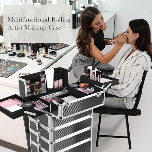 Chuangjin 5 In 1 Rolling Makeup Train Case Professional Cosmetic Trolley Large Storage Organizer With Key Swivel Wheels Salon Barber Case Traveling Cart Trunk For Make Up Nail thumb #6