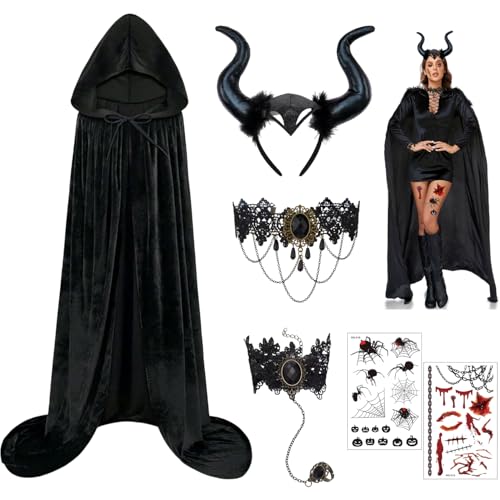 QGKFFOB Karneval Kostüm Damen Teufel Kostüm Karneval Umhang mit Kapuze Faschingskostüme Damen mit Teufelshörner Haarreif Gothic Spitze Halskette für Karneval Fasching Halloween Mottoparty Cosplay