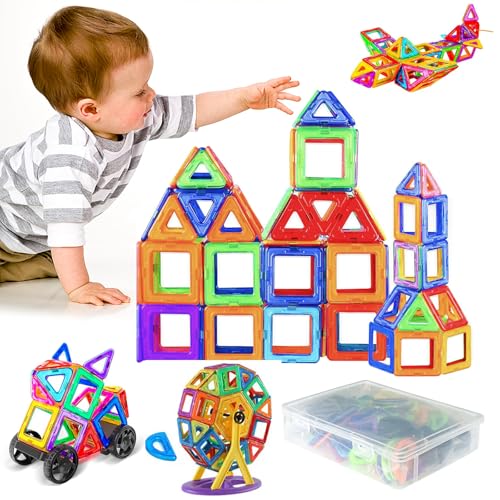 ZUYIST 60 Pièces 3D Construction Magnetique Enfant Colorés, 4 Formes STEM Magnetic Tiles, DIY Jeu de Construction Magnétique avec 2 Roues Jeu et Boîte, Jeux Magnetique Enfant pour 3 4 5 6 7 Ans