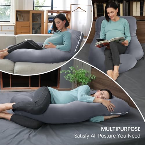 Image of MOON PARK Pregnancy Pillows for Sleeping - U Shaped Full Body Maternity Pillow with Removable Cover - Support for Back, Legs, Belly, HIPS - 65 Inch - Dark Grey - Cooling Cover