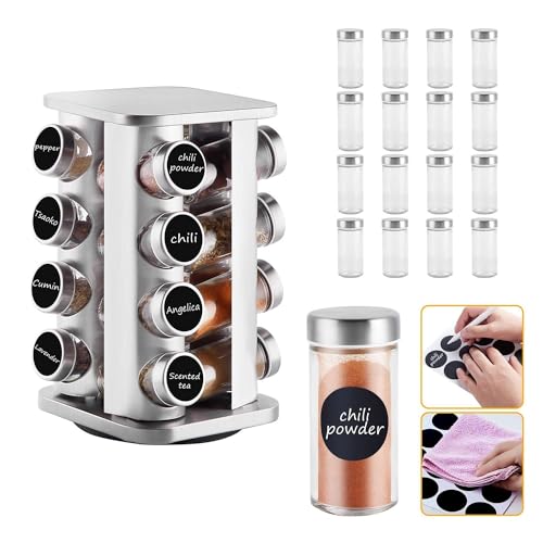 VR7 Stainless Steel 360 Rotatable Spice Rack & 16 Jars With Lids and Labels Free Standing Kitchen Spices Rotating Organiser Spinning Rack Large Revolving Carousel Spice Glass Jars Holder
