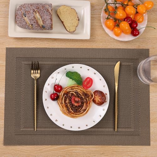 SHACOS Placemats Set of 4 Wipe Clean PVC Place Mats for Dining Table Heat Resistant Woven Vinyl Table Mats Indoor Outdoor (4, Frame Brown)