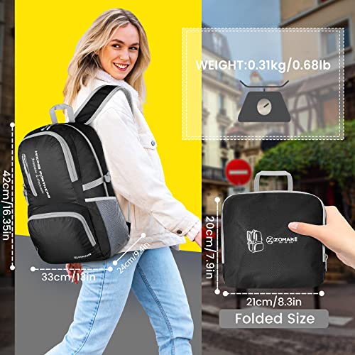 Image of ZOMAKE Lightweight Packable Backpack, Water Resistant Foldable Daypack 35L | Light Hiking Backpacks Collapsible Day Pack for Travel, Everyday Carry, Multi Compartment Storage, Adjustable Strap (Black)