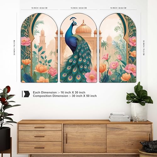 Image of Livin'luxe Set of 3 Peacock Lotus Palace 3 Panel Wall Art | Elegant Multicolor Floral Canvas for Living Room, Bedroom, Office & Home Decor | Premium Modern Wall Hanging 50 inch x 30 inch RPNL-05
