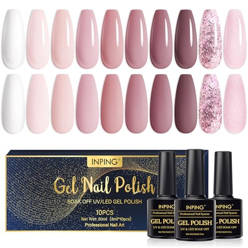 INPING UV Gel Nagellack Rosa, 10 Farben Nude Rosa Gel Nagellack Set, Hellrosa Weiß Dunkelrosa Staub Rosa Gelnägel Soak Off UV für Valentinstag Party French Maniküre Nail Art Design