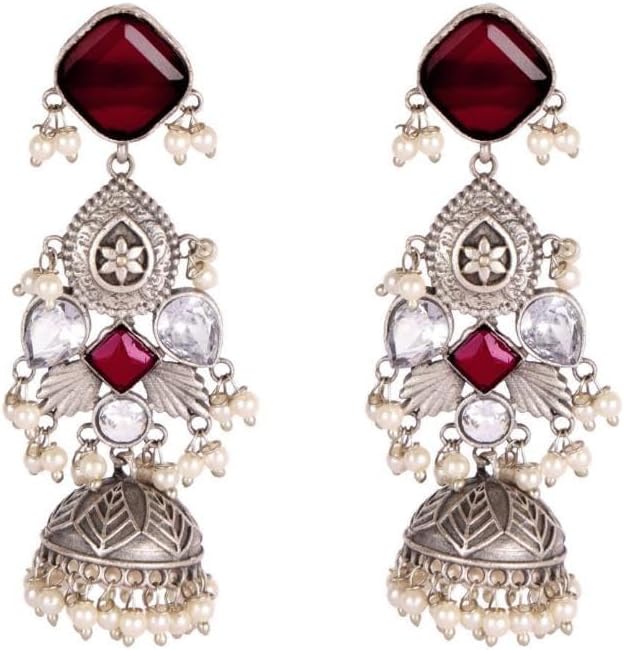 Efulgenz Indian Oxidized Jewelry Antique Boho Oxidized Indian Earrings for Women Faux Pearl Crystal Oxidized Chandelier Jhumka Jhumki Earrings Set Bohemian Statement Earrings Jewelry Set for Women