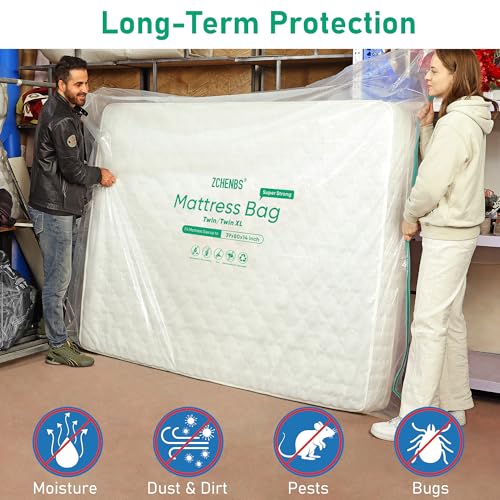 Image of ZCHENBS - Twin /Twin XL Mattress Bags for Moving, Waterproof Mattress Storage Bag with Zipper, Heavy-Duty 5 Mil Ultra-Thick Bed Protector Cover for Moving, Reusable (Transparent /Green, 1 Pack)