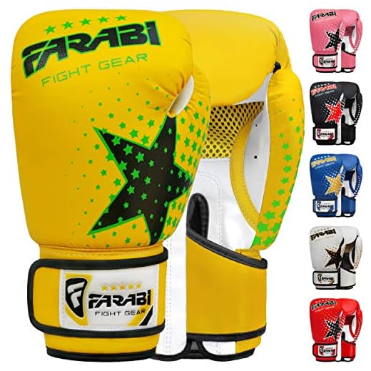 Farabi Kinder Boxhandschuhe 6-Unzen, Kickboxen Muay Thai Training MMA Sparring Handschuhe, Beste Handschuhe für das Training auf Boxsack, Fokus Pads Übung (Yellow, 6-oz)