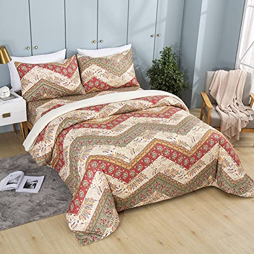 Dadalogy Bedding Botanical Floral Duvet Cover Set W/Pillow Cases - Bohemian Chevron Paisley Filigree Cranberry Red Sage Green - Colorful Comforter Cover W/Corner Ties Zipper - Cal King - 3-Pieces #TOP6
