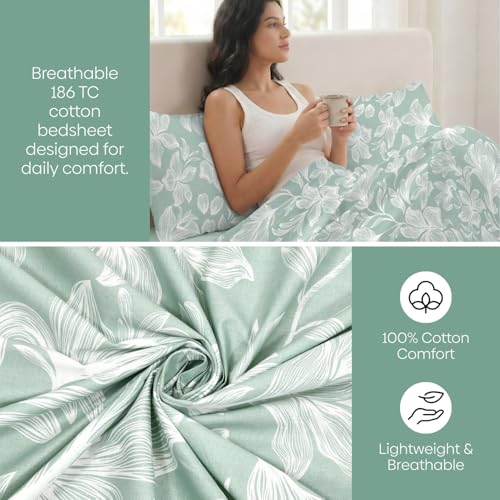 Image of Haus & Kinder Elastic Fitted Double Bed Bedsheet | 100% Combed Cotton 186 TC Bedsheets for Queen Size Bed | 60 X 78 X 10 Inches Elastic Bed Sheet with 2 Pillow Covers - Garden of Memories