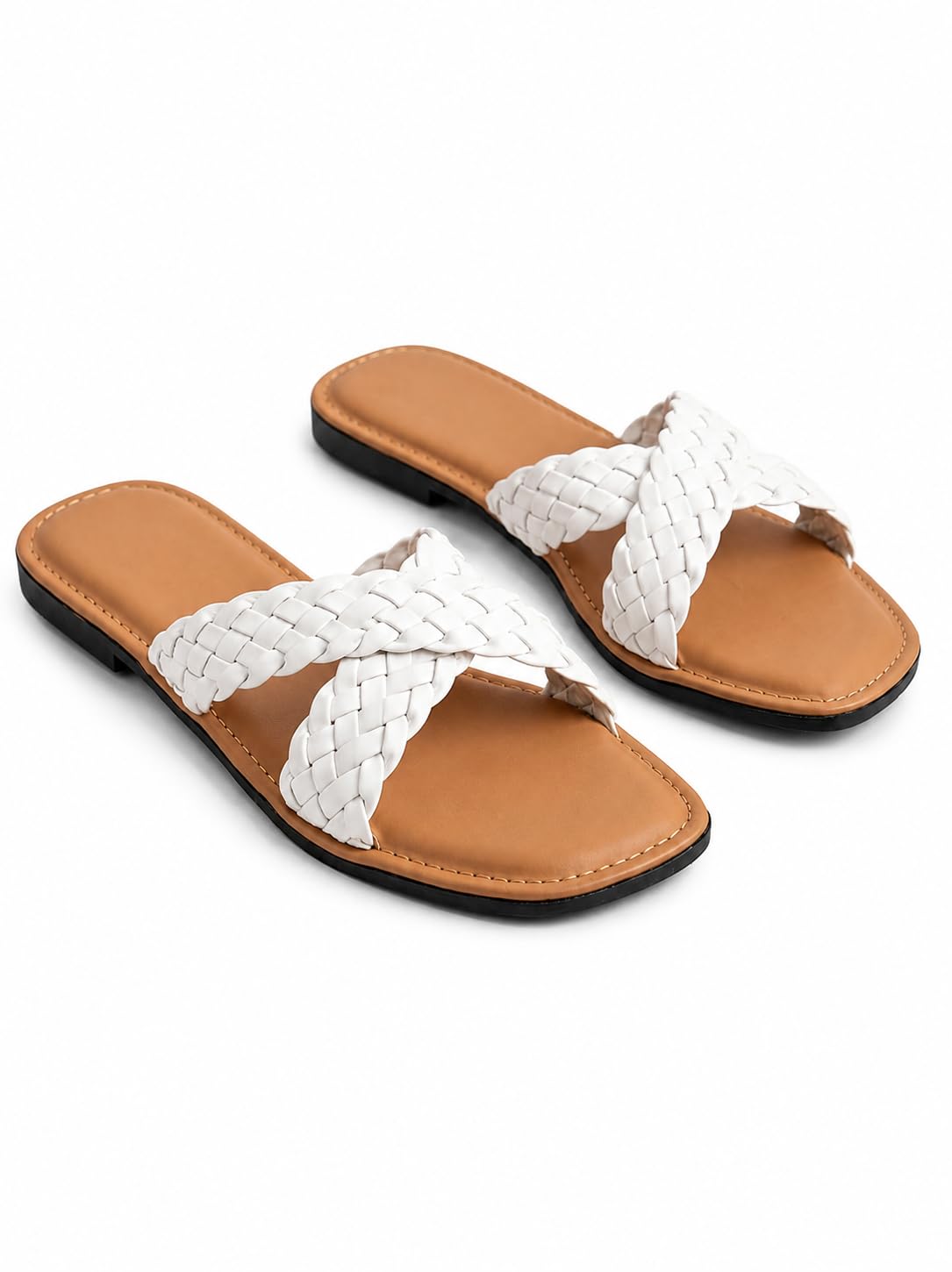 Women's Woven Cross Flat Sandals | Soft Cushioned Footbed | Lightweight Anti-Slip Slip-On Slides | Stylish Casual & Everyday Wear Slippers-image-31