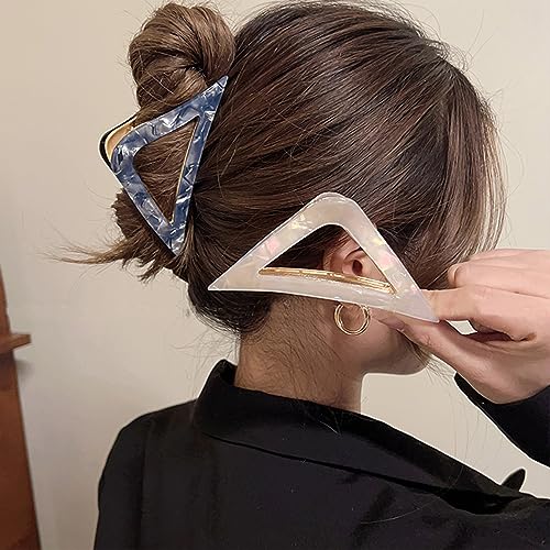 2 Pack Metal Hair Claw Clips,Hollow Triangle Hair Clips Medium Size Strong Grab Clips Shark Barrette Hair Clamps Hair Accessories Valentine's Day Gift for Thick Thin Hair(White and Gray)