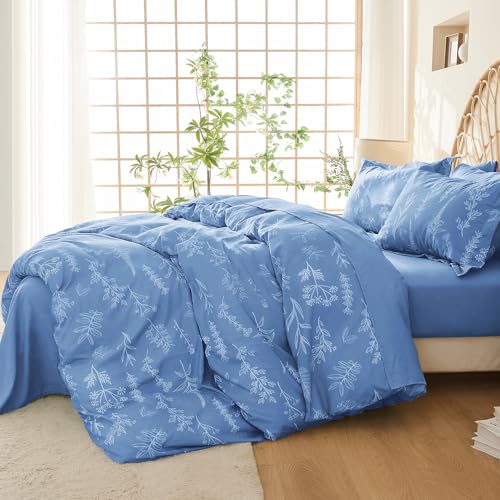MUXHOMO Duvet Cover Queen Size, Reversible Floral Ice Blue Duvet Cover Set with Zipper Closure, 3 Pieces Botanical Patterns Soft Microfiber Bedding Set with 4 Ties (90"x90", 2 Pillow Cases)