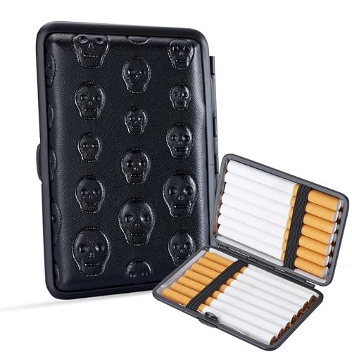 Mevsim Store Étui à cigarettes motif tête de mort noir – Peut contenir 12 cigarettes – Extérieur en cuir synthétique avec intérieur en métal –...