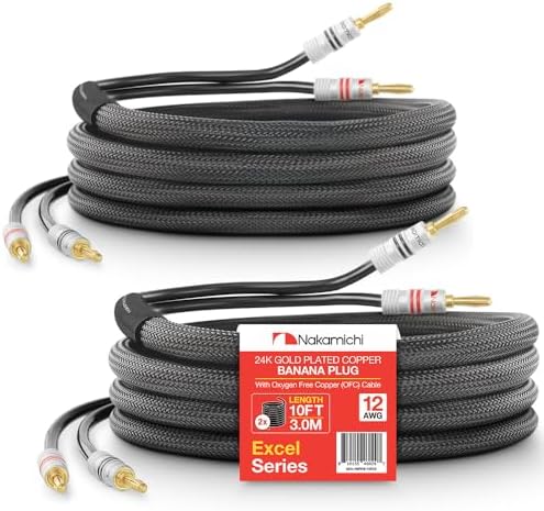 Nakamichi 24k Gold Plated Banana Plugs Speaker Cables 99.9% OFC (10 Feet)
