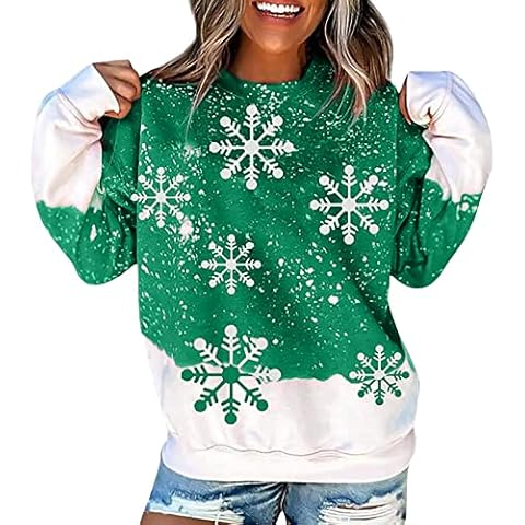 Merry Christmas Sweatshirt Women Xmas Snowflake Blouse Top Casual Long Sleeve Holiday Pullover Shirt(Green,Large) Cover