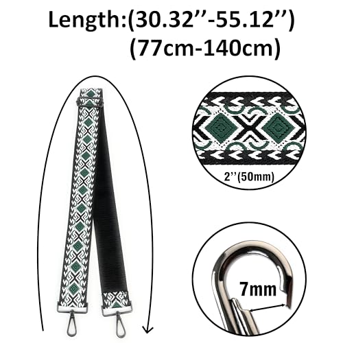 Image of Black Green Boho Diamond Purse Strap with Matte Black Hardware 2 Inch Wide Replacement Crossbody Guitar Style Shoulder Strap for Handbags Totes