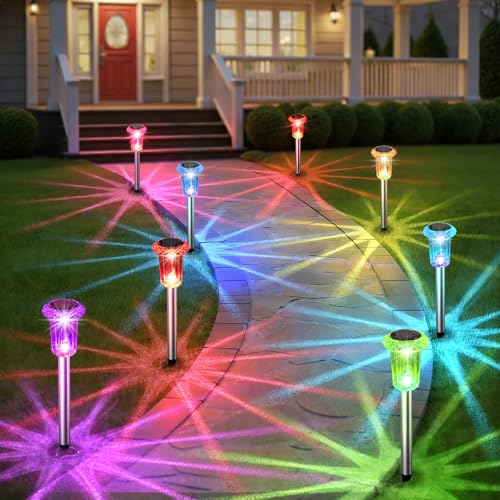 Eyrosa Solar Outdoor Lights, 10 Pack Solar Pathway Lights Outdoor Waterproof, Stainless Steel Stake Lights for Garden Yard Path Walkway Driveway Patio Lawn Decor,Color Changing