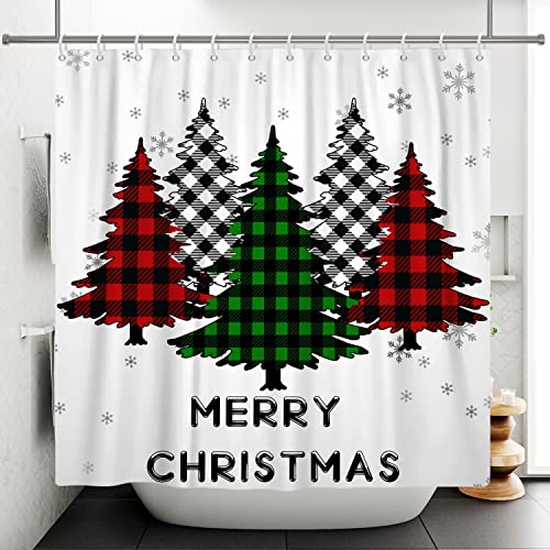 Lfeey Bufflao Plaid Christmas Shower Curtains For Bathroom Farmhouse Christmas Trees Snowflakes Xmas Winter Holiday Shower Curtain 72X72 Inch Polyester Fabric #TOP1