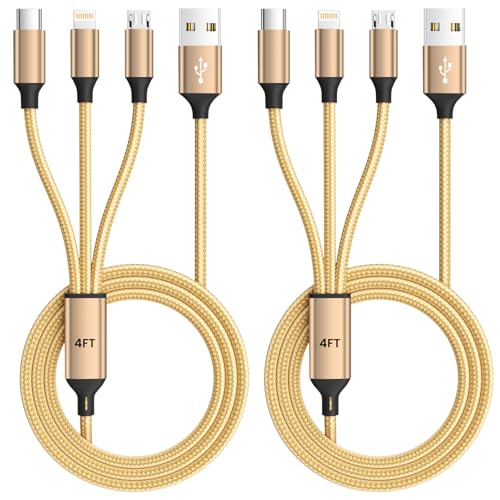 USB Multi Charging Cable for All Devices, Nylon 3 in 1 Multiple Charger Cable Charger with Multiple Connectors, USB A to USB C/Micro/Lightning USB Cable for iPhone 17-8 Pro Max/Android/iPad, 2Pack 4FT