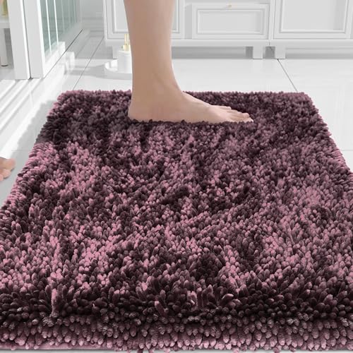 Image of Yimobra Chenille Bathroom Rugs Non Slip, Extra Thick Soft Absorbent Bath Rug, Machine Washable Quick Dry Bath Mat for Bathroom Floor, Tub and Shower, Home Decor Accessories, 24x17, Purple Grey