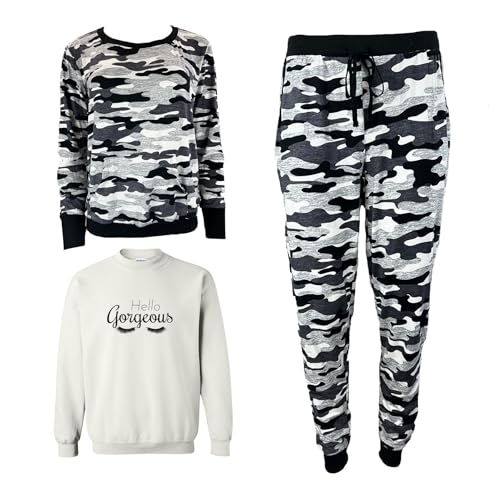Hey You, Love Women's Ultra Soft Long Sleeve & Jogger 3 Piece Black Camo Themed Nap Queen Pajama Set with Pockets (US, Alpha, Small, Regular, Regular, Hello Gorgeous White)