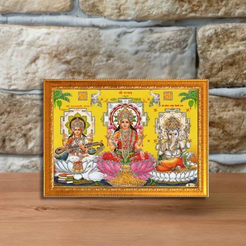 Image of CRAFT QUEST Lakshmi Devi with ganesh ji and saraswati mata Wall Painting Photo Frame for Diwali Pujan (Synthetic, Golden, Sparkle Finish, Small Size, 8 X 6 Inch)