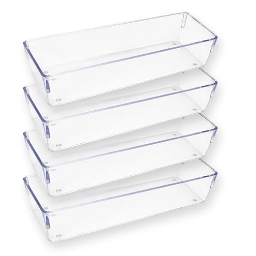 Kit 04 Organizador de Gavetas Modular Acrílico Cristal Pote Transparente Multiuso Retangular Para Cozinha, Talheres, Bancada, Banheiro, Maquiagem e Geladeira