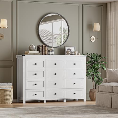 Image of BORNOON 12-Drawer Dresser, Modern Wooden Storage Chest of Drawers, Dresser TV Stand, Wood Drawer Organizer with Metal Handles for Bedroom, Living Room, Hallway