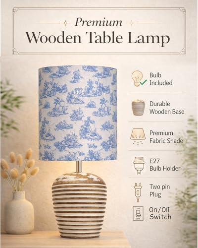 Image of Homesake Wooden Table Lamp for Bedroom | Bedside Lamp with Fabric Shade | E27 Holder with Bulb Included | Warm Light Night Lamp for Living Room, Study Table & Home Decor (KD Blue Printed Drum)