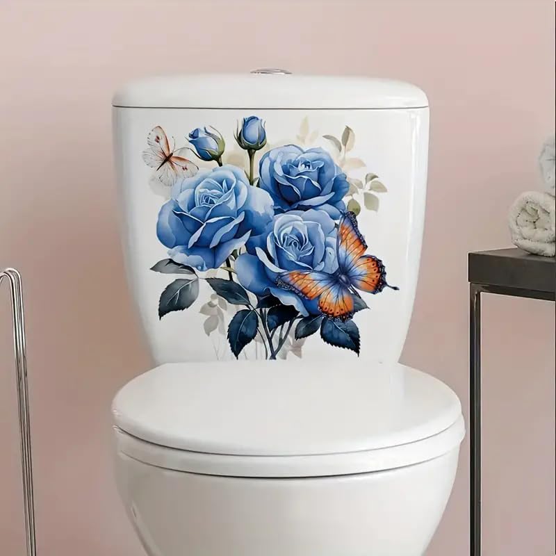 Beautiful Blue Roses Toilet Cover Sticker Decals,Fish Bird Flower Leaf Waterproof Toilet Lid Tank Seat Decals Cistern Self-Adhesive Bathroom Wall Sticker