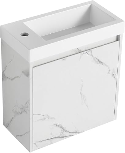 Miniatura 5 de YSJZYBF Moderna vanidad flotante de 20 pulgadas para baño montada en la pared con fregadero de resina blanca y gabinete de almacenamiento con puerta