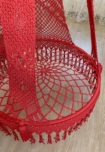 Image of KAAHIRA Bohemian Macrame Hanging Swing Chair- Aesthetic Cotton Rope Hammock for Indoor & Outdoor - Patio, Balcony, Bedroom, Living Room, Garden-Kids, Adults & Pets - Boho Decor (Red)