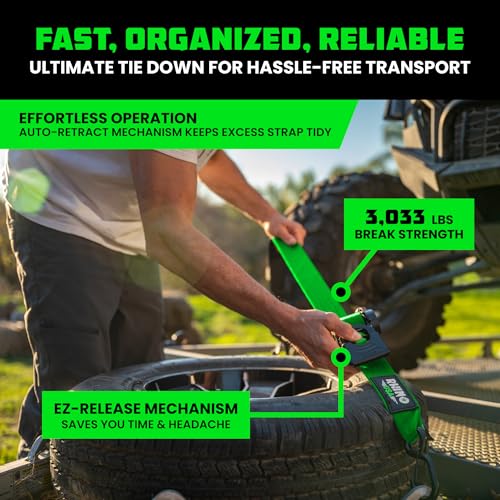 Image of Rhino USA Retractable Ratchet Straps (2-Pack) - 2 Inch x 10 Feet (3,033lb Break Strength) - Heavy Duty Auto Self Retracting Tie Down Straps for Truck, Cargo Trailer, Motorcycle, Rad & More - Green