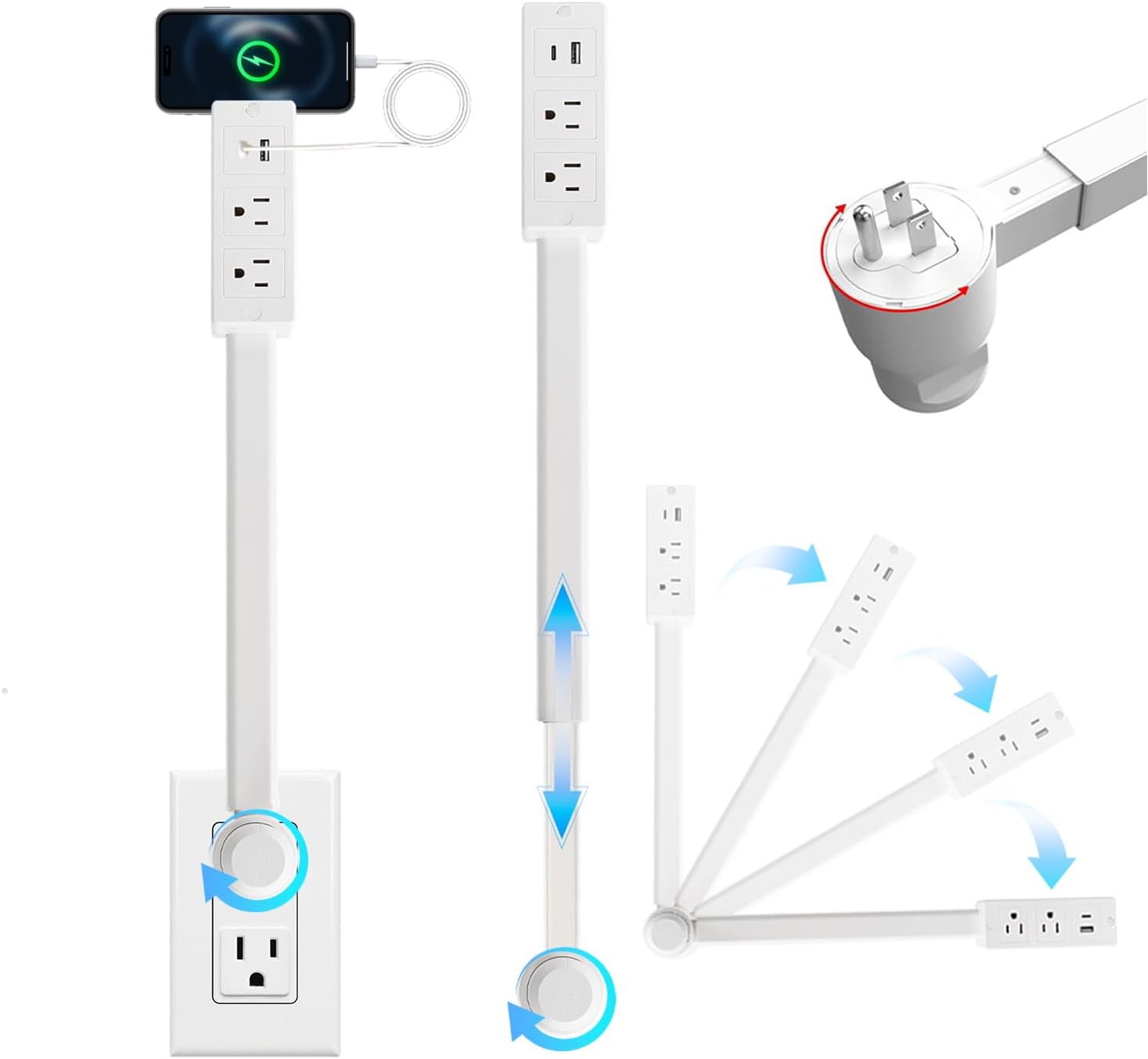 Electrical Outlet Extender Features USB-A, USB-C and 2 AC Electrical Outlet Extender Stick for Hard to Reach Spaces, Extends 22"-27", Rotates 180°, Use Behind Couches, Nightstands, Desks, More