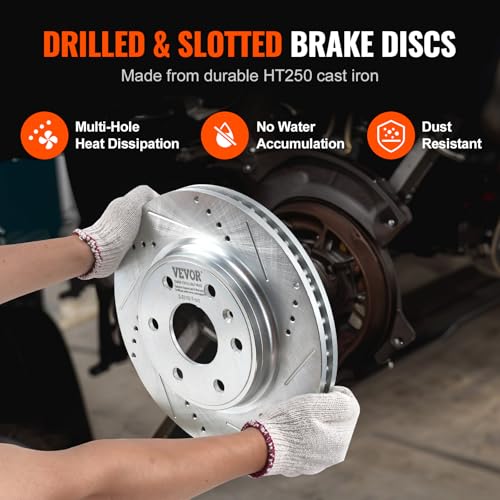 VEVOR Front Brake Kit Compatible with 2007-2017 Chevy Traverse, Buick Enclave, GMC Acadia, Saturn Outlook, Drilled and Slotted Brake Rotors Ceramic Brake Pads Replacement Kit, 12.8" Front Rotors by VEVOR - Used condition - Image 4