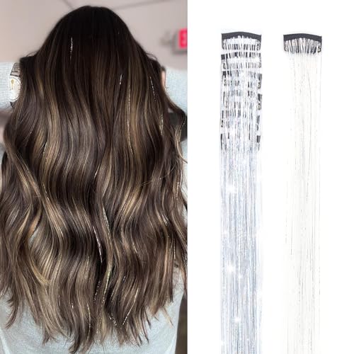 GOO GOO Clip in Hair Tinsel 24 Inch-6pcs Silver Fairy Glitter, Heat Resistant Clip-In Sparkle Strands, Dazzling Glitter Tinsel for Women & Girls, Perfect for Parties, Christmas, New Year, Halloween