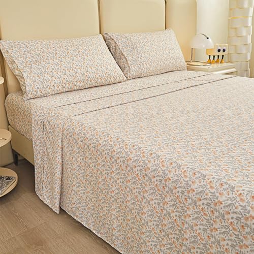 Image of Viviland Floral Queen Sheet Set - 4 Piece Vintage Light Orange Flower Patterned Bed Sheets - Soft, Breathable Microfiber Sheets with Deep Pocket, Non-Slip Fitted Sheets & Pillowcases