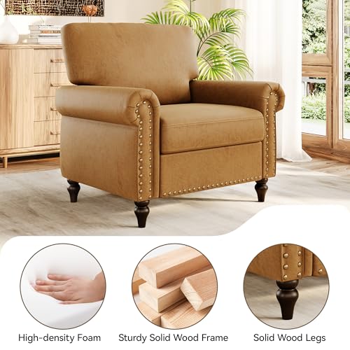 Image of Nailhead Trim Accent Chairs Set of 2,Faux Leahter Mid Century Modern Living Room Arm Chairs,Comfy Bedroom Reading Chair for Adults,Cozy Single Sofa Corner Side Room Chair,Saddle Brown