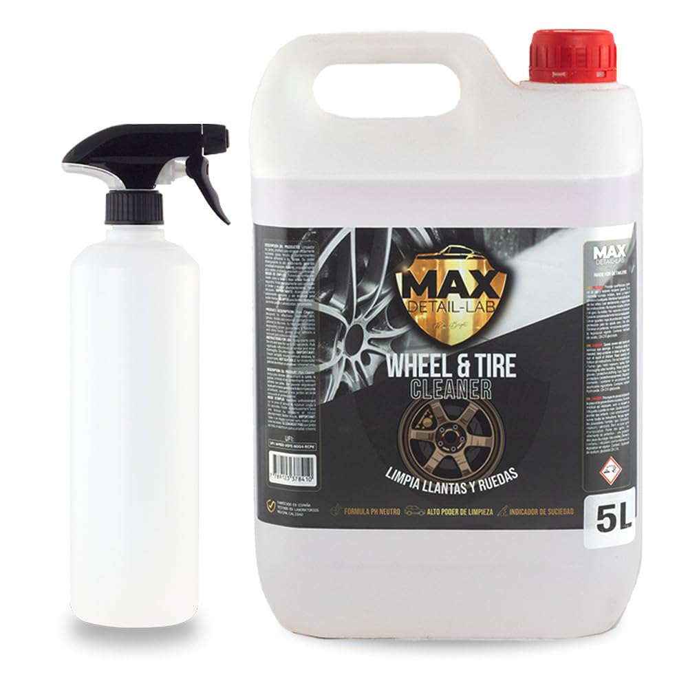 MAX DETAIL-LAB - Wheel & Tire - Pulizia Cherchi Auto Iron Remover Senza Acidi, Decontaminante Tripla Azione Senza Sfregamento, Adatto per Cerchi in Lega e Moto, Pulitore Lavaggio Detailing Car, 5L